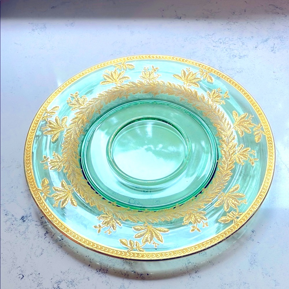 Uranium Glass Platter Large 11.25” Wide Elegant Gold Etched Floral Pattern EUC